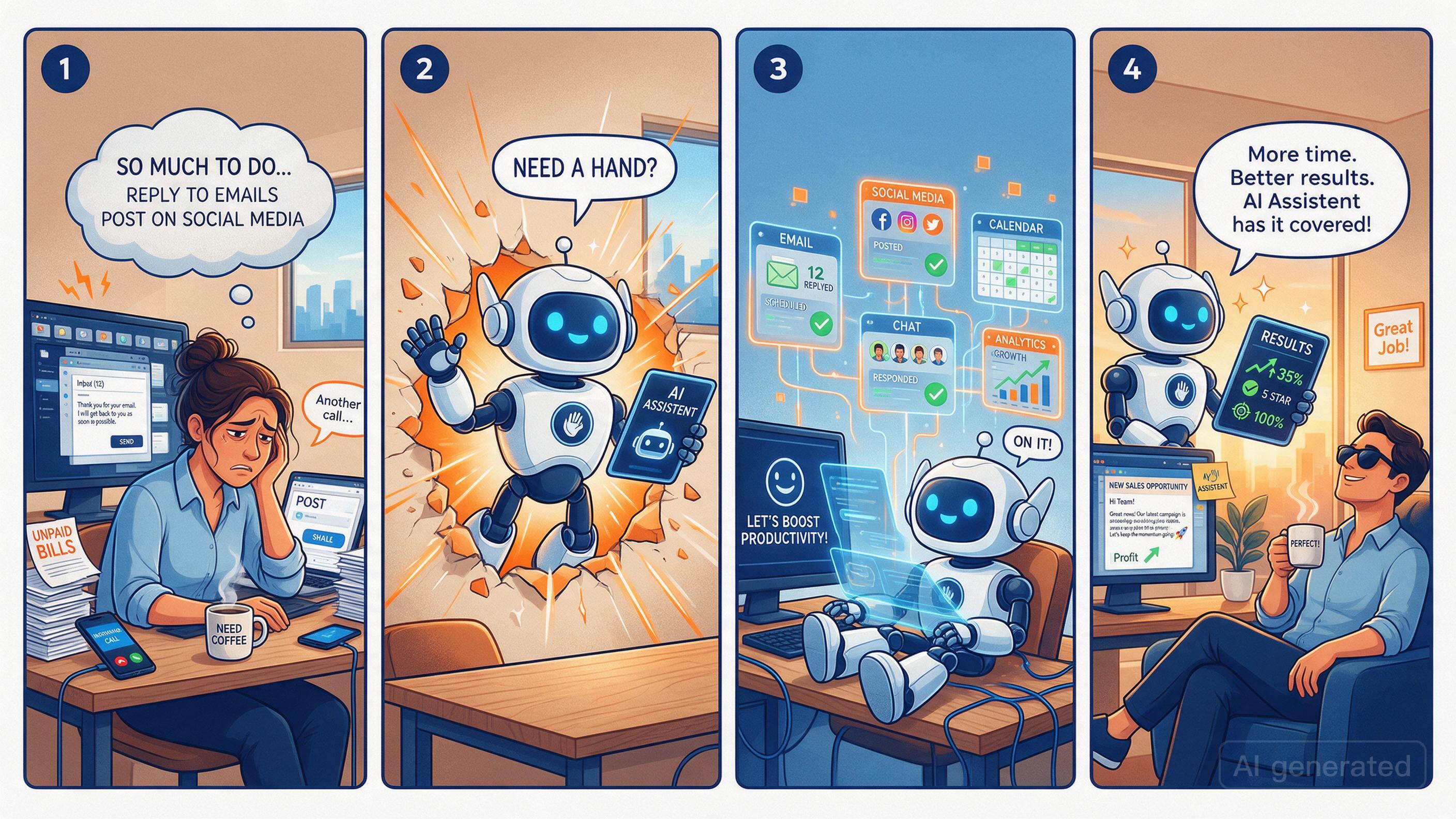 Comic: Overwhelmed business owner gets help from AI robot mascot