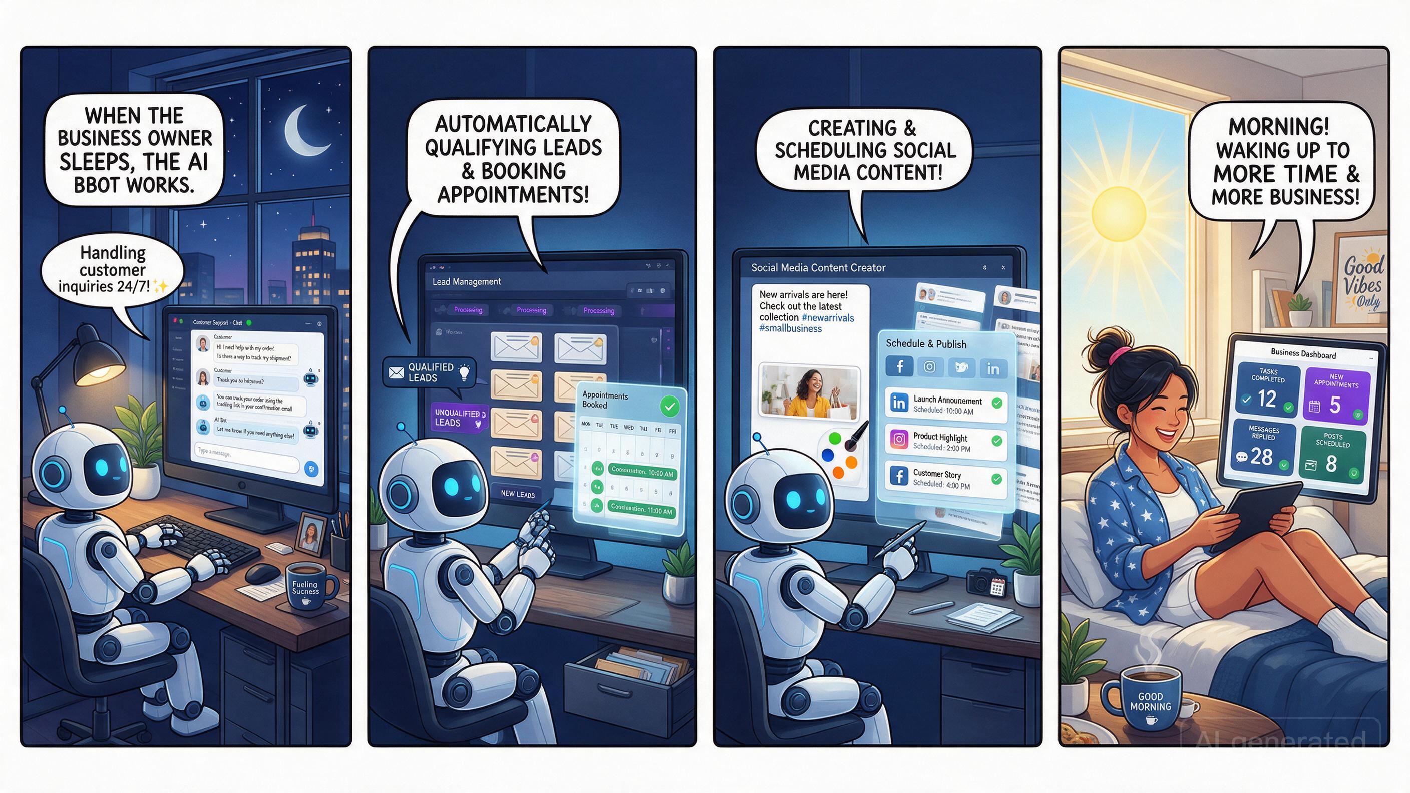 Comic: AI robot working 24/7 handling inquiries, scheduling, and content creation while owner sleeps