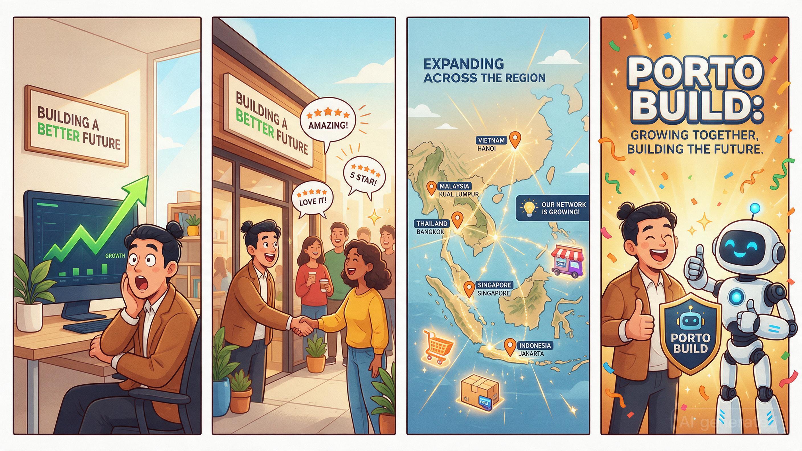 Comic: Business growth chart rising, happy customers across Southeast Asia, owner celebrating with AI robot