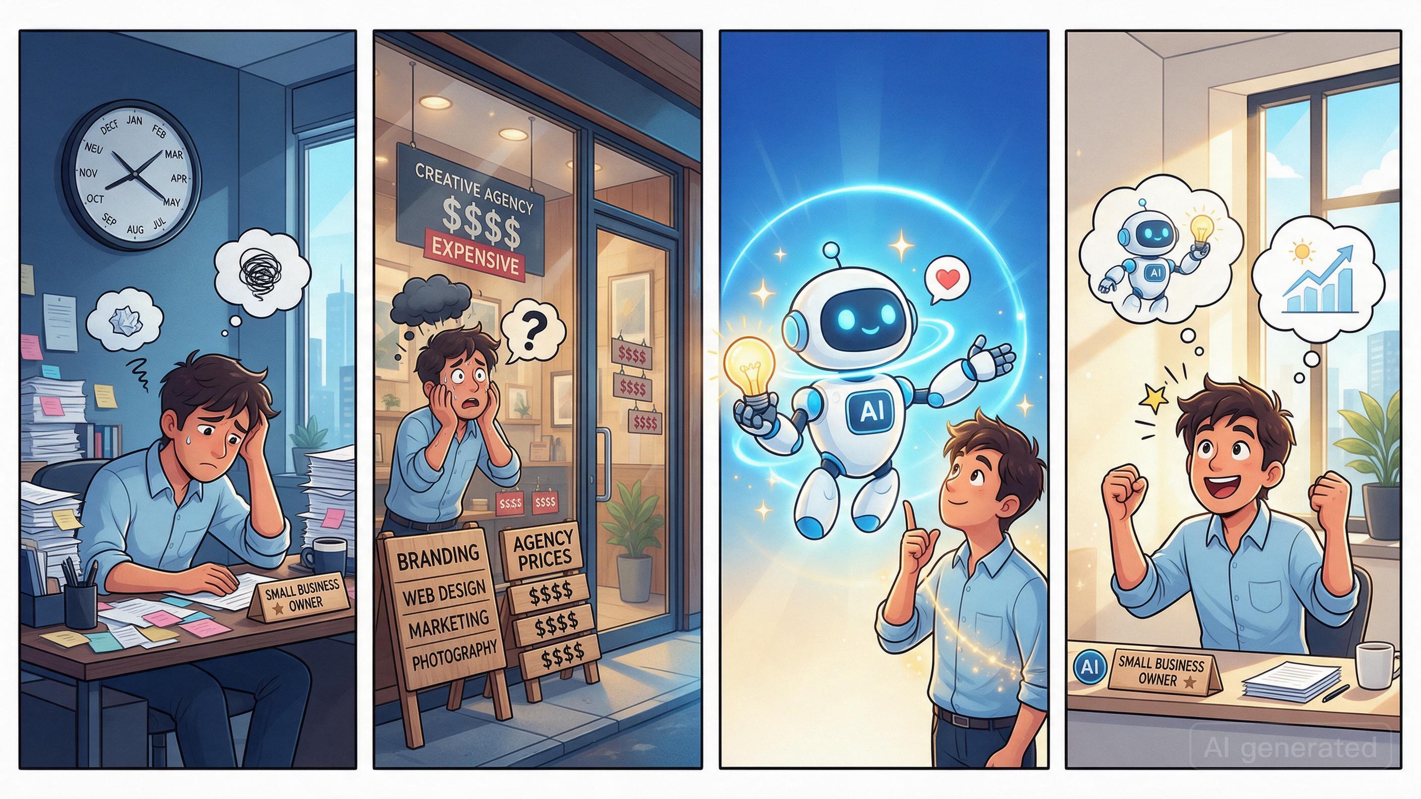 Comic: Small business owner stressed with paperwork and costs, then AI appears as a helper