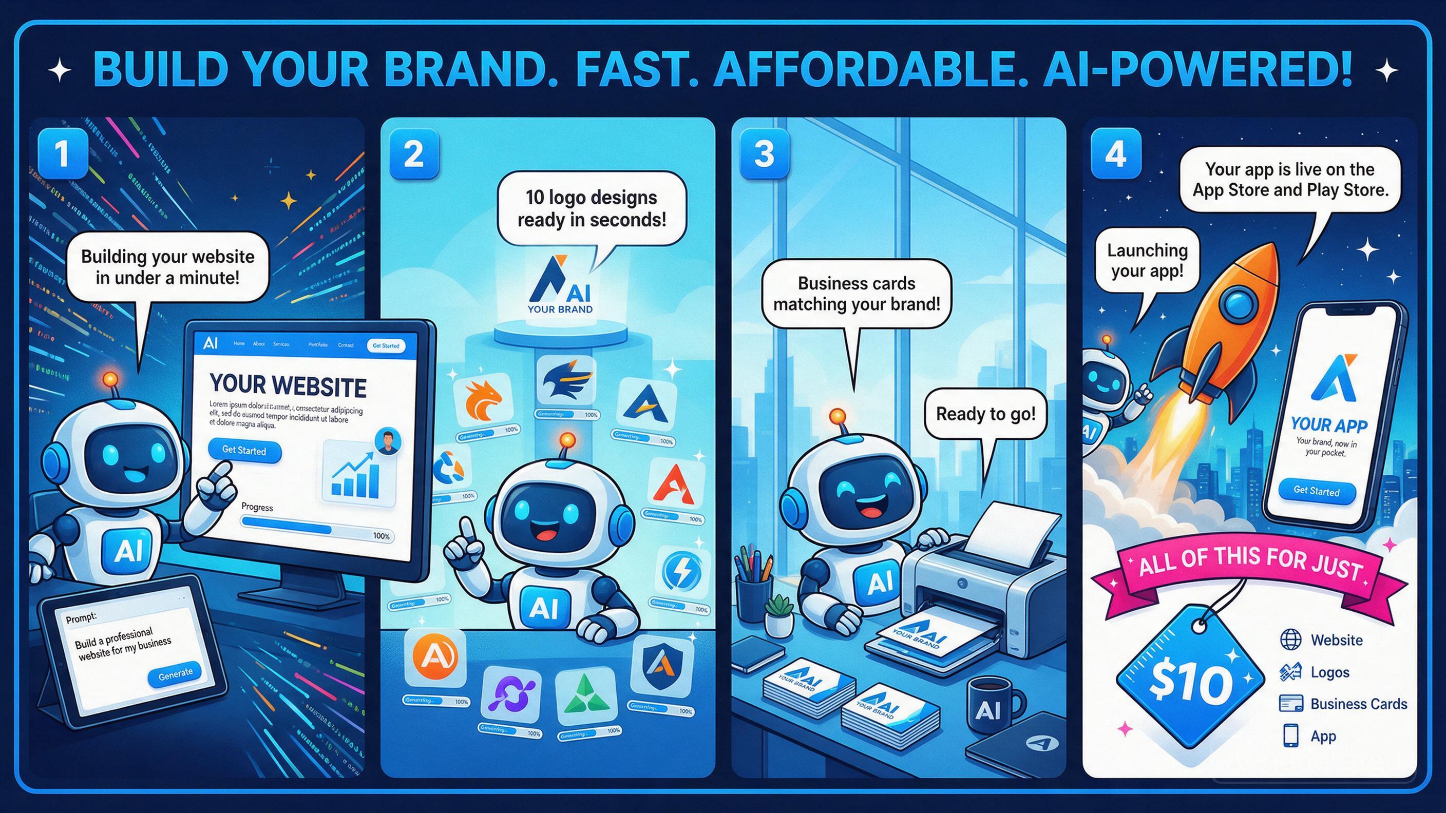 Comic: AI robot rapidly building websites, logos, business cards, and launching apps