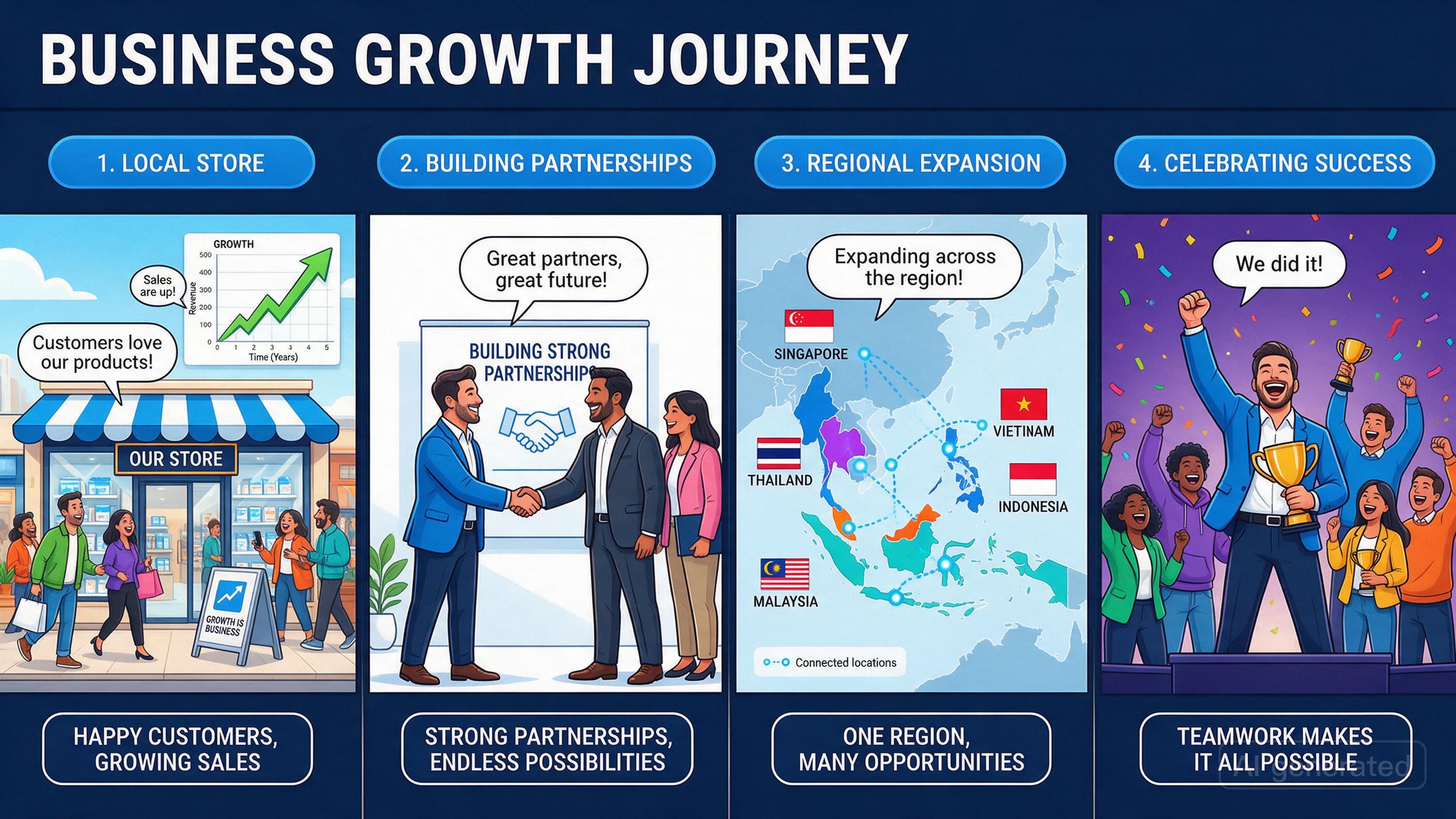Comic: Thriving business with growth chart, shaking hands with clients across Southeast Asia, celebrating success
