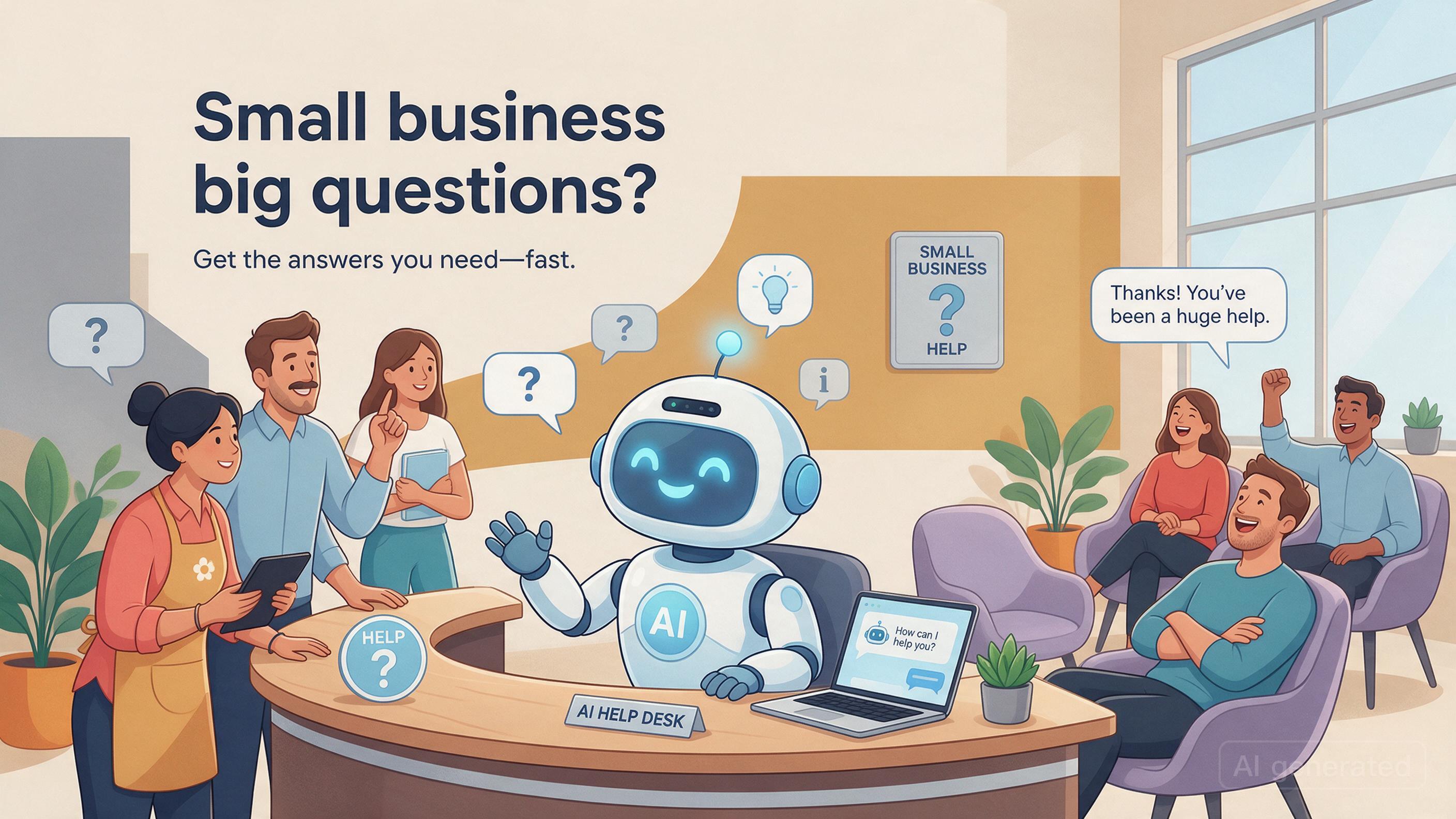 AI robot mascot at help desk answering questions from business owners
