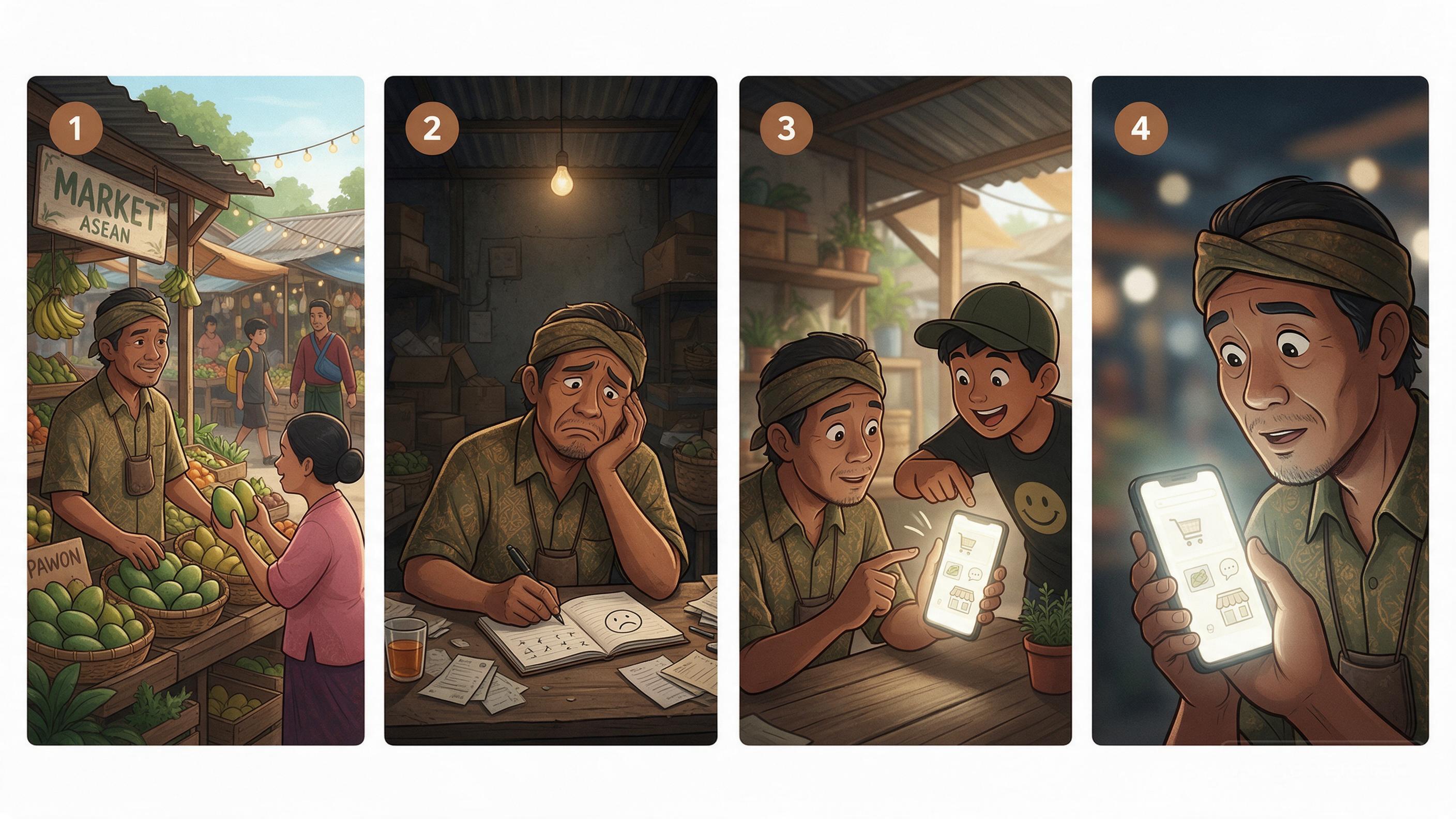 Comic: Traditional market stall owner worried about declining sales, then discovers digital opportunity