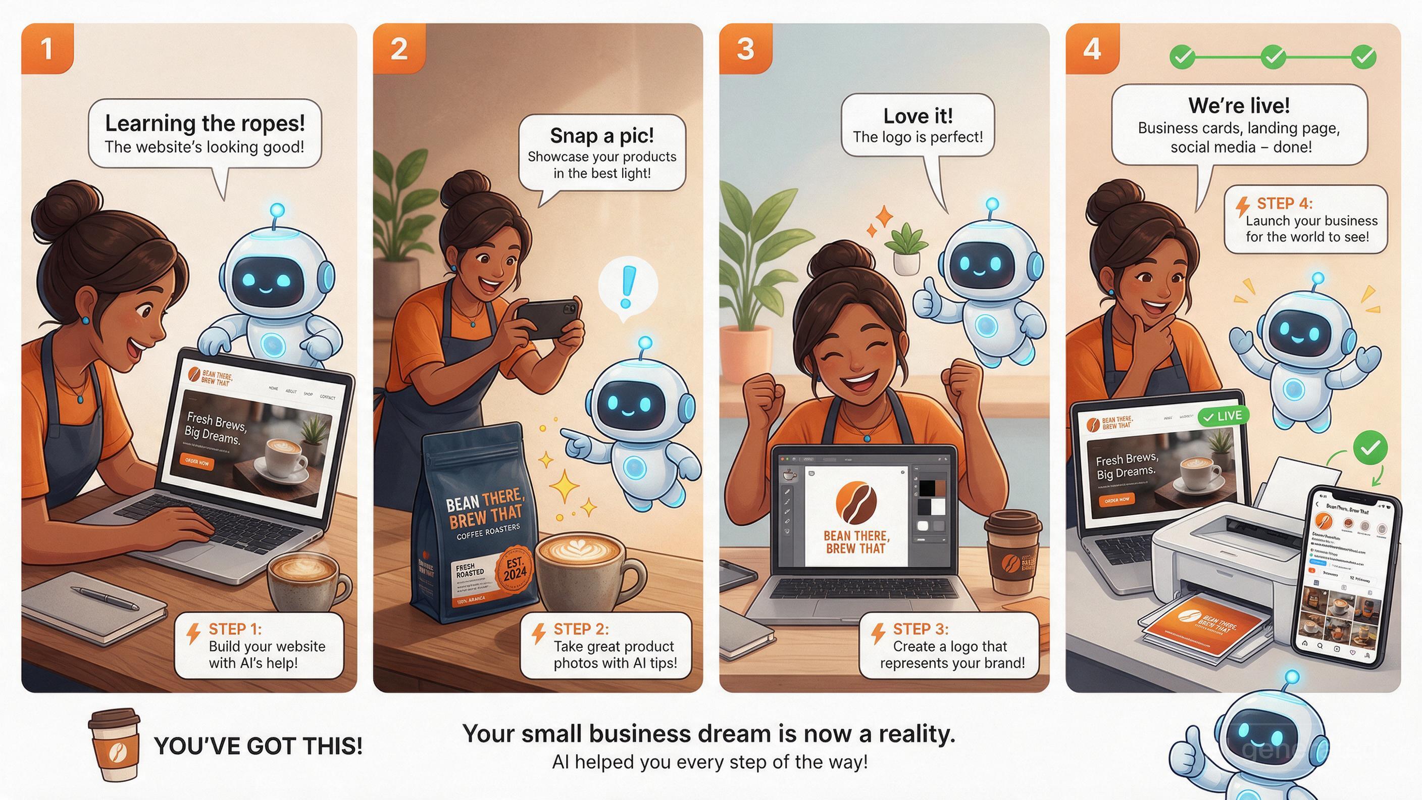 Comic: Business owner learning to use AI tools to build website, take product photos, create logo, and go live online