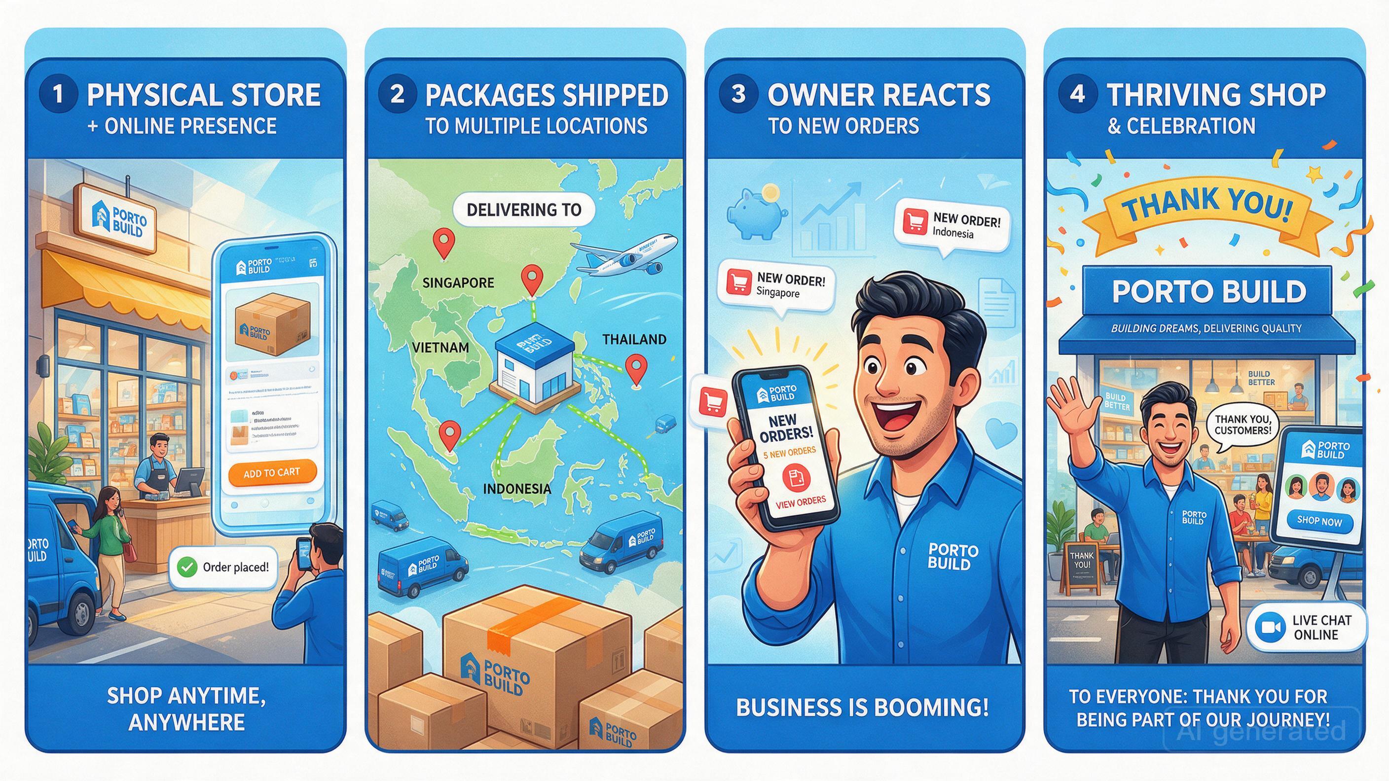 Comic: Business now thriving with both physical store and online presence, shipping across Southeast Asia, celebrating success